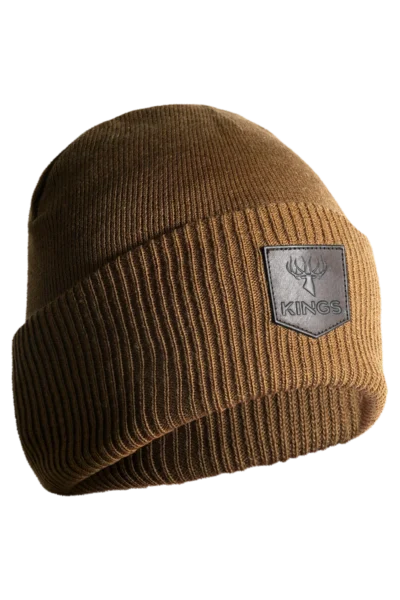 Cuffed Leather Patch Beanie - Khaki