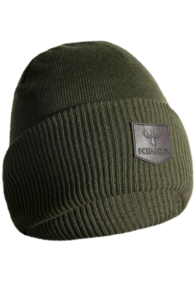 Cuffed Leather Patch Beanie - Olive