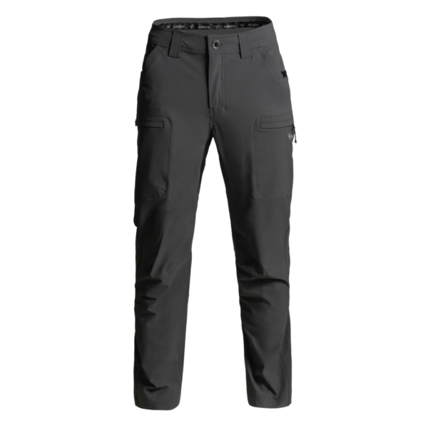 Dark gray cargo pants with belt loops, front zipper and button, and multiple utility pockets on the thighs and hips; full-length view.