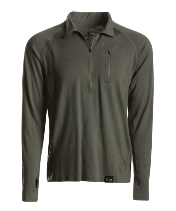 Olive green long-sleeve fleece pullover with a half-zip and vertical zip chest pocket, front view