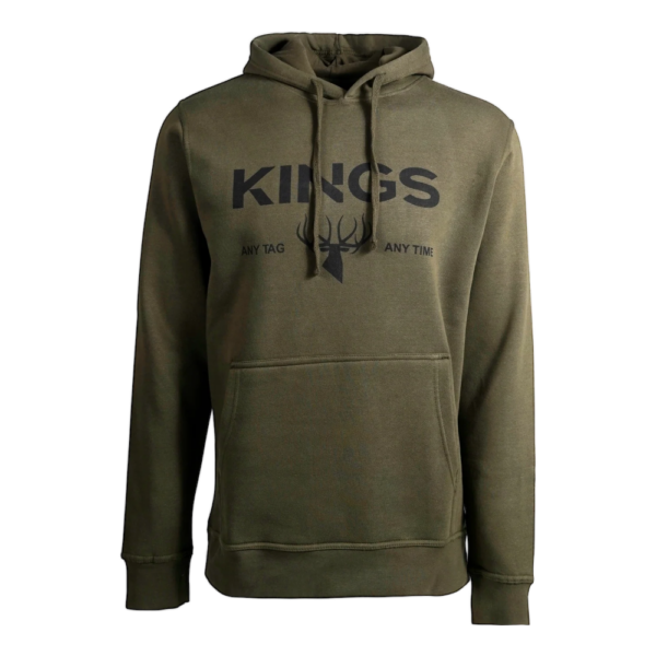 Olive-green hoodie with a front kangaroo pocket and drawstring hood featuring a 'KINGS' logo with a deer head.