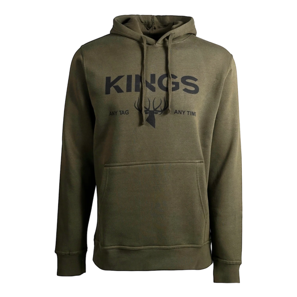 Olive-green hoodie with a front kangaroo pocket and drawstring hood featuring a 'KINGS' logo with a deer head.